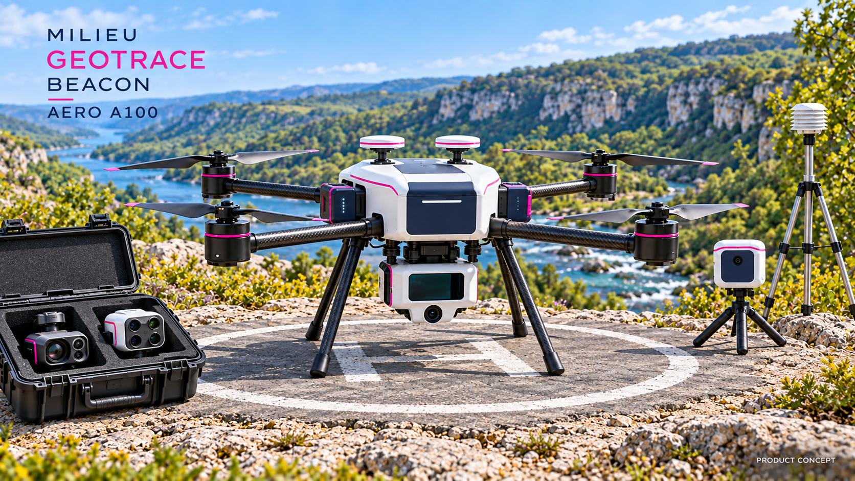 Beacon Aero product concept: a white and navy quadcopter with pink accents and an underslung imaging pod, beside a case of interchangeable payloads, a Beacon station and a weather-sensor tripod overlooking a bright blue river and green valley.
