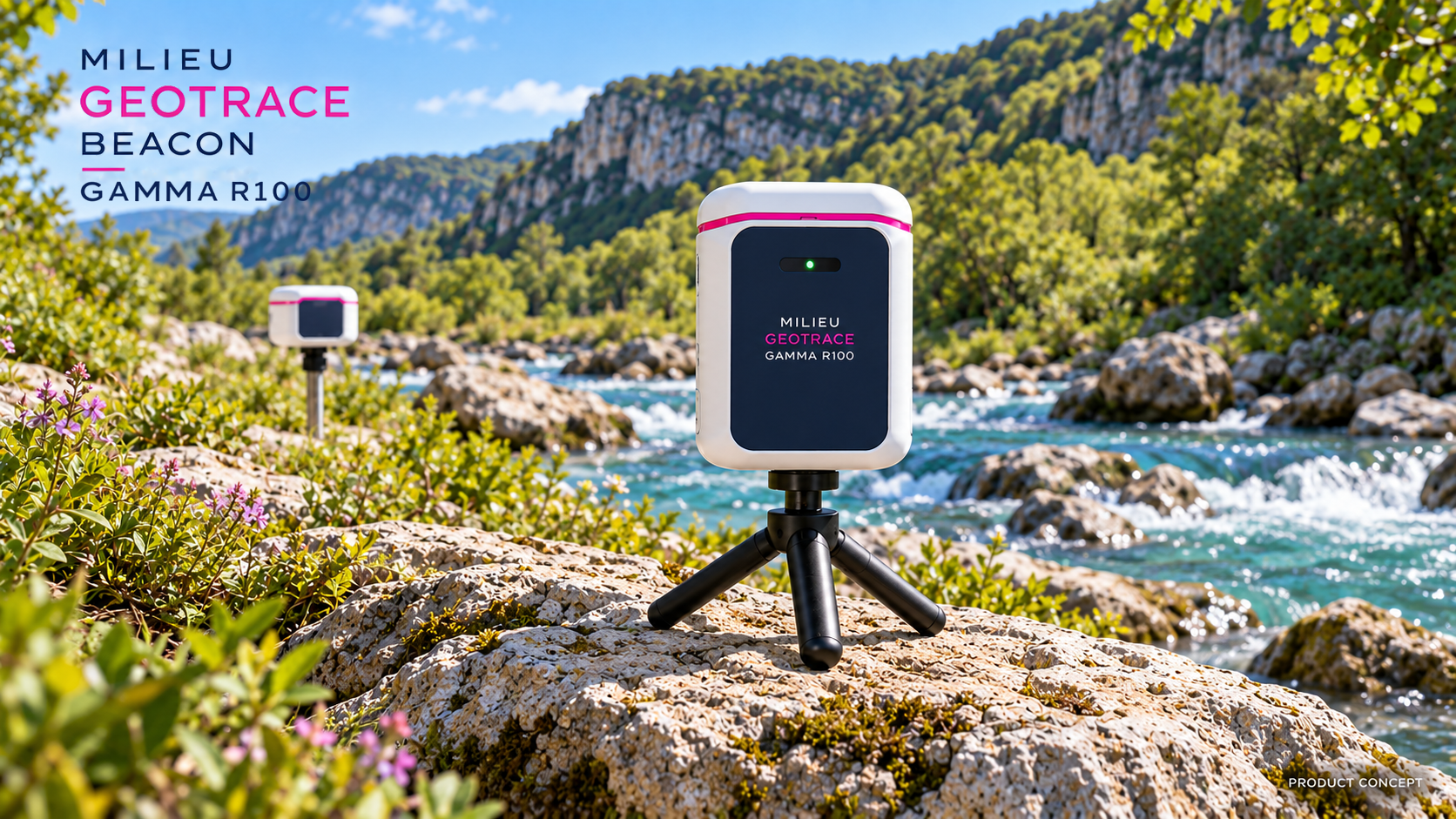 Beacon Gamma R100 concept, a compact white and navy radiation-monitoring instrument with pink accents on a small tripod beside a stream, with a separate Beacon-family field pod in the background.