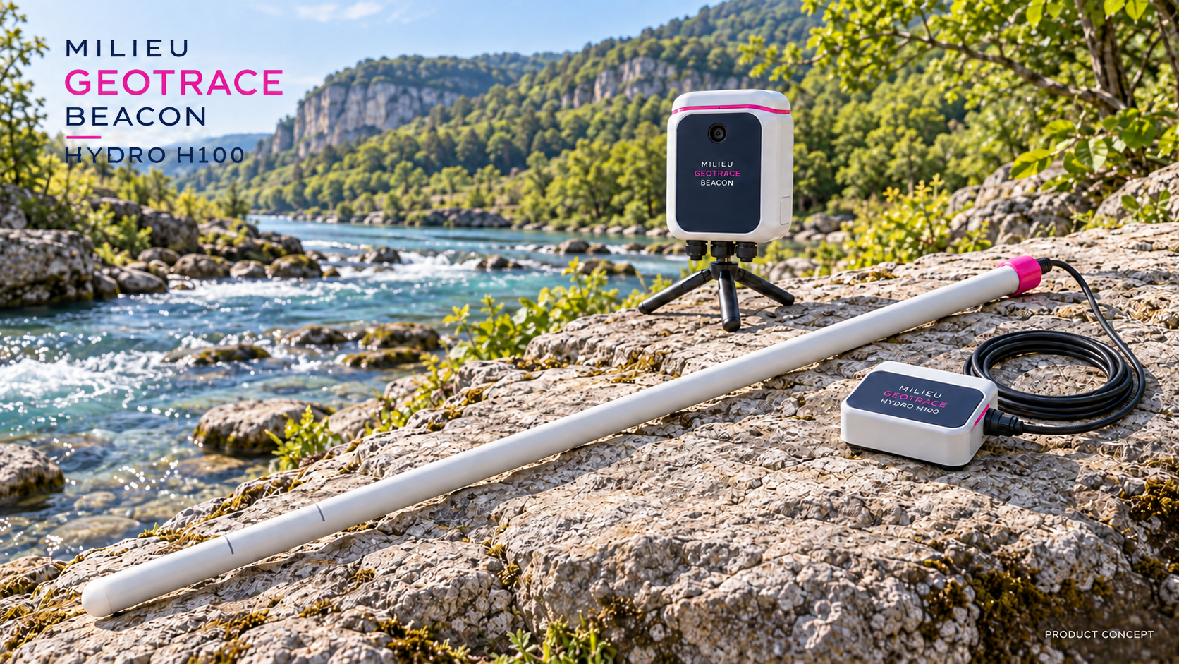 Milieu GeoTrace Beacon Hydro H100 product concept: a long sealed white temperature rod with a pink cable end, separate white and navy logger and coiled cable on a dry rock beside a vibrant blue stream, with a Beacon station behind it. The upper-left branding reads Milieu GeoTrace Beacon Hydro H100.