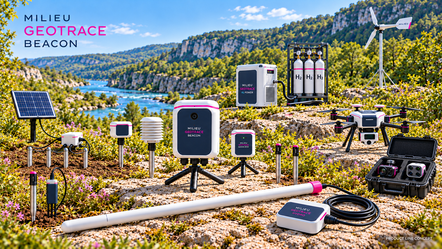 Milieu GeoTrace Beacon product-line concept in white, navy and pink beside a vivid blue stream: the Beacon camera station, ground-temperature and soil-wetness probes, shielded air sensor, Flux pod, Resist module with four electrodes, Thermal+ probes, Hydro rod and separate logger, Gamma radiation monitor, Aero survey drone and interchangeable imaging payloads, solar panel, hydrogen fuel cell with expandable cylinder storage, and wind turbine.